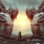 Fantasy scene starter two giant stone statues overlooking a warrior