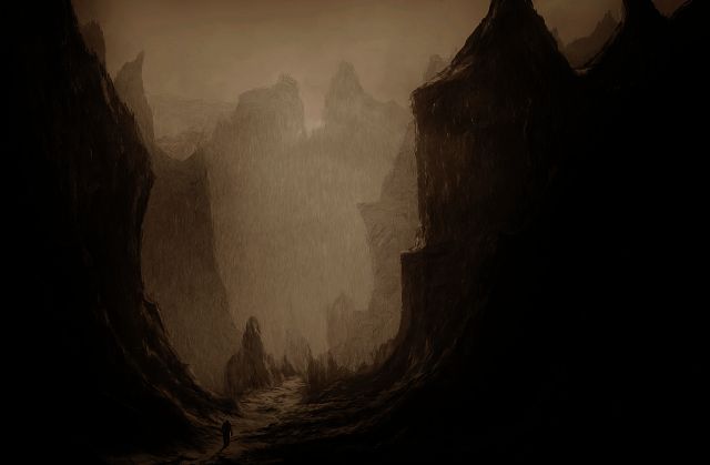 surreal-painting-oa man walking through an ominous valley